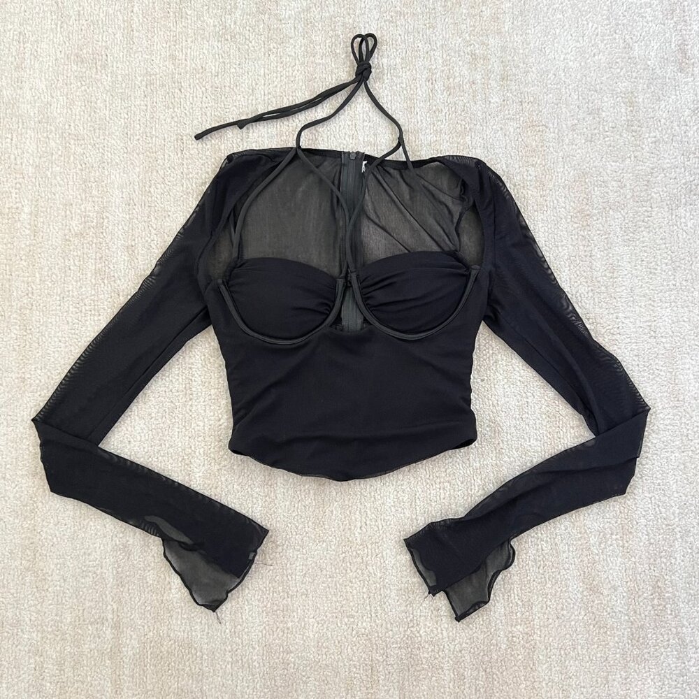 Black Mesh Long Sleeve Strappy Corset Top